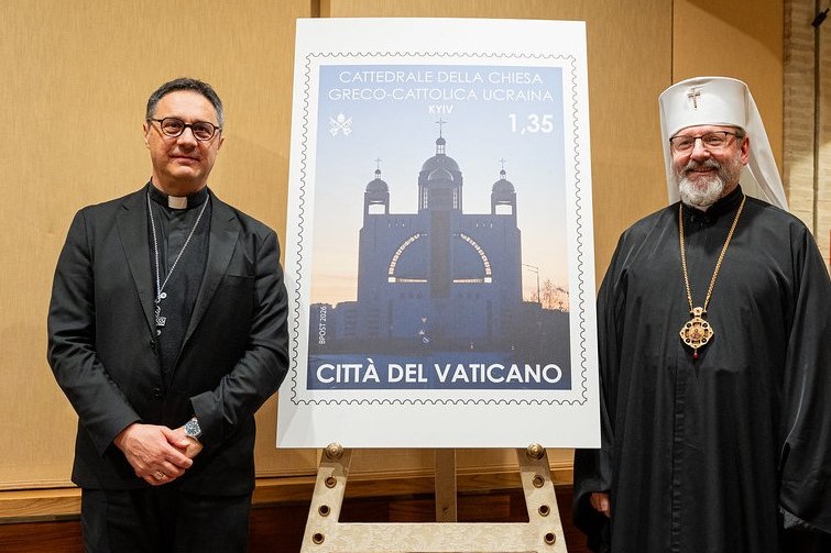 Secretary General of the Governorate of the Vatican City State, Italian Archbishop Emilio Nappa, and Major Archbishop Sviatoslav Shevchuk of Kyiv-Halych, primate of the Ukrainian Greek Catholic Church, pose at the Vatican Museum Feb. 26, 2026, during a ceremony reveling a Vatican City stamp dedicated to Ukraine's church as the country just marked the fourth anniversary of the start of the full-scale Russian invasion. (OSV News photo/courtesy Ukrainian Greek Catholic Church)