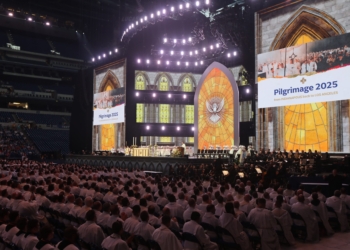 Bishop Andrew H. Cozzens of Crookston, Minn., chairman of the board of the National Eucharistic Congress Inc., announces July 21, 2024 -- the final day of the National Eucharistic Congress at Lucas Oil Stadium in Indianapolis -- that a Eucharistic pilgrimage from Indianapolis to Los Angeles is being planned for spring 2025. The pilgrimage, from Indianapolis to Los Angeles, will include stops in 10 states: Indiana, Illinois, Iowa, Missouri, Kansas, Oklahoma, Texas, New Mexico, Arizona and California. (OSV News photo/Bob Roller)