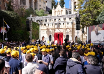 Pope Leo XIV meets young people and catechumens outside St. Devota Church in Monte Carlo, Monaco, March 28, 2026. (CNS photo/Lola Gomez)