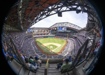 This is a view of the ballpark, field and fans during the game between the Texas Rangers and the Cincinnati Reds at Globe Life Field in Arlington, Va., April 5, 2026. Mandatory Credit: (OSV News photo/Jerome Miron-Imagn Images via Reuters