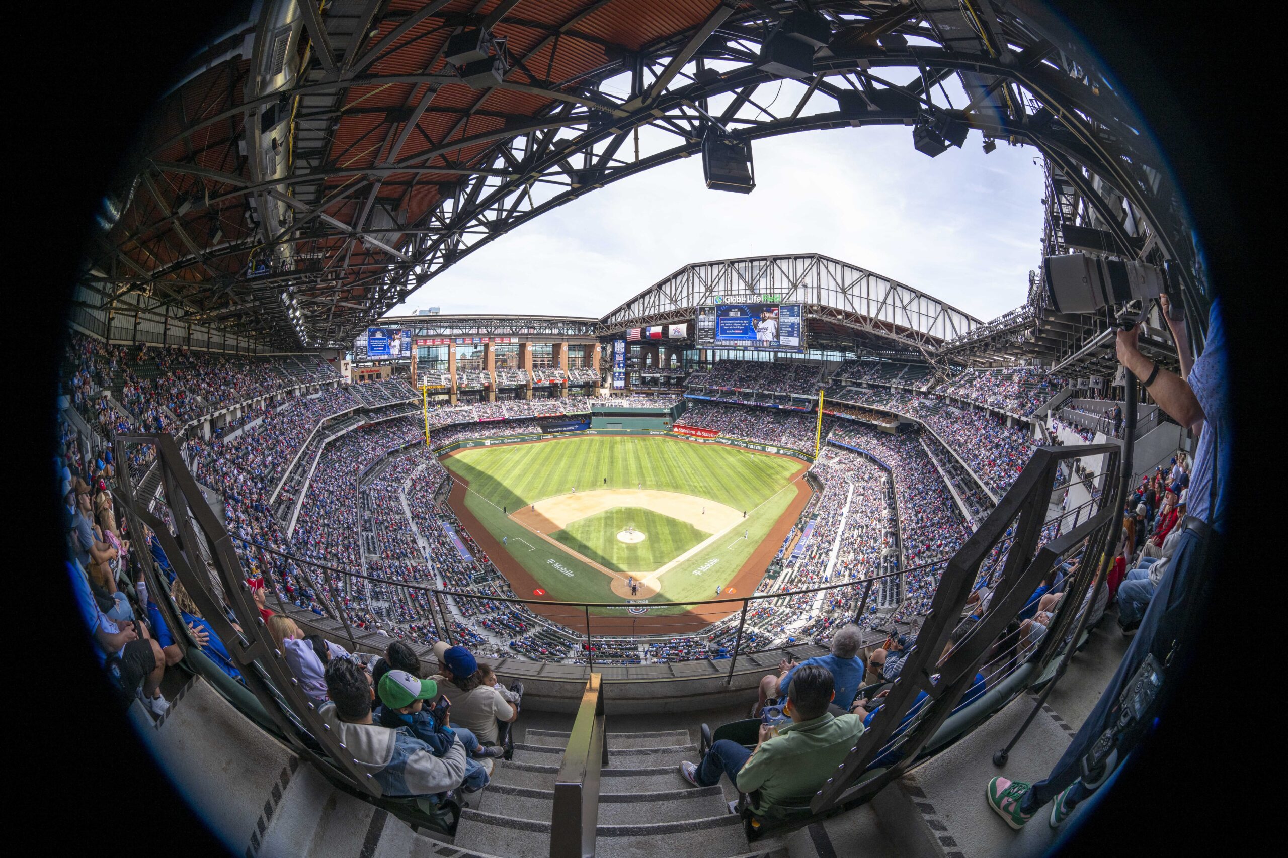 This is a view of the ballpark, field and fans during the game between the Texas Rangers and the Cincinnati Reds at Globe Life Field in Arlington, Va., April 5, 2026. Mandatory Credit: (OSV News photo/Jerome Miron-Imagn Images via Reuters