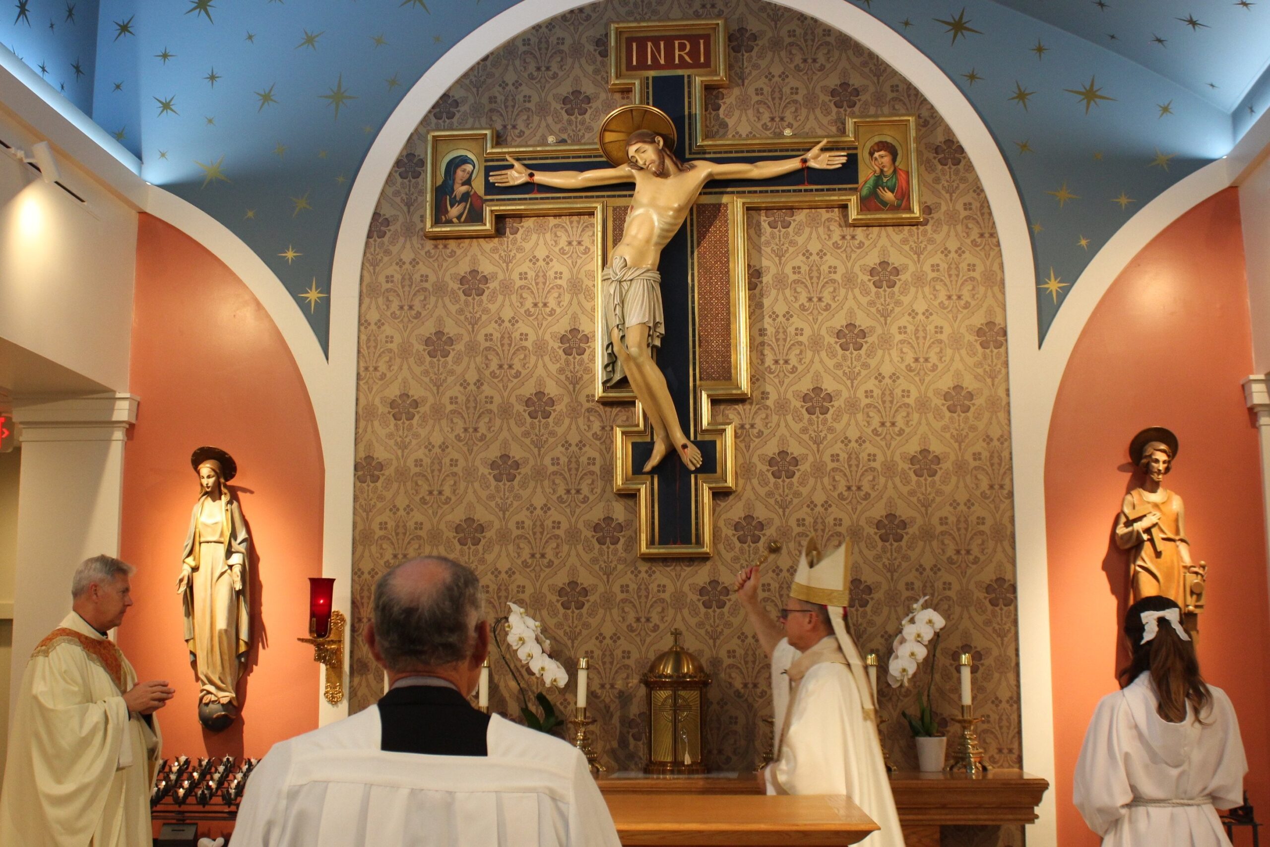 Bishop Barry C. Knestout of Richmond, Va., blesses the sanctuary of the renovated Our Lady of the Rosary in Crozet, Va., April 19, 2026. The Catholic community in Crozet that once gathered for Mass in a private school has now finished the renovation of the former branch bank it bought almost three years ago to become their church. (OSV News photo/Joe Staniunas, Catholic Virginian)