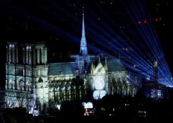 This is a view of Notre Dame Cathedral in Paris during a light show for its reopening service ceremony Dec. 7, 2024.  Ahead of the first anniversary of his election to the chair of St. Peter, it was announced that Pope Leo XIV is officially expected to visit France in late September 2026, the French bishops’ conference confirmed on May 6. (OSV News photo/Christian Hartmann, Reuters)