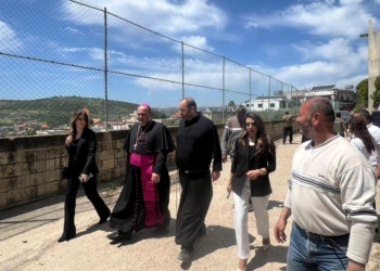 Archbishop Paulo Borgia, the Papal Nuncio to Lebanon, is seen on a photograph posted April 25, 2026 to a Debel Alerts Facebook page, as he accompanies a caravan of aid and associations distributing humanitarian help to Christian villages in Debel, southern Lebanon (OSV News/courtesy Debel Alerts)