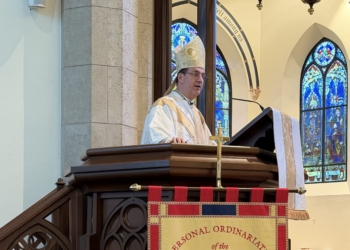 Bishop Steven J. Lopes of the Ordinariate of the Chair of St. Peter, delivers the homily during a March 26, 2026, chrism Mass at the Cathedral of Our Lady of Walsingham in  Houston. It was announced May 11 that Bishop Lopes has been made apostolic administrator of the Ordinariate of Our Lady of the Southern Cross, which serves Australia and countries in Oceania. (OSV News photo/Catalina Brand, courtesy Ordinariate of the Chair of St. Peter)