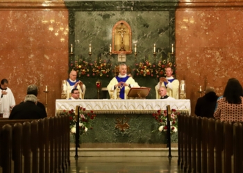 Photos by Mike Walsh
Bishop Joseph Williams celebrates Mass at the Cathedral of the Immaculate Conception, Camden, with Father Nicholas Dudo, vicar for clergy, left, and Father Stephen Robbins, Cathedral administrator, right.