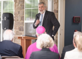 Photo by John Kalitz
Jamie Reynolds, executive director of the Diocese Housing Services Corporation of the Diocese of Camden, expresses his gratitude for the builders and supporters of The Mews at Saint Mary in Williamstown.