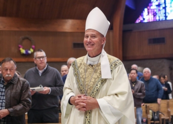 Bishop Joseph Coffey, auxiliary bishop for the Archdiocese for the Military Services, celebrates Mass at Saint Elizabeth Ann Seton Church in Absecon, Sunday, May 3, 2026.