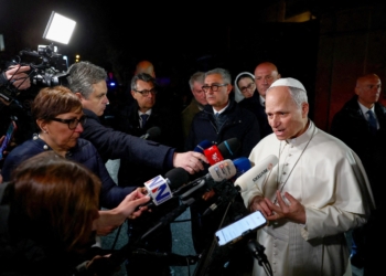 Pope Leo XIV speaks to the media April 7, 2026, as he leaves the papal residence in Castel Gandolfo to head back to the Vatican. In remarks to journalists outside Castel Gandolfo, the evening of May 26, the pope renewed  calls for humanitarian help for the people of Gaza, and he also discussed AI and warfare, echoing one of the themes in his first encyclical, "Magnifica Humanitas" released a day earlier. (OSV News photo/Guglielmo Mangiapane, Reuters)