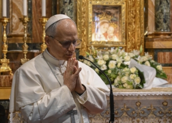 Pope Leo XIV leads prayers at the Shrine of Our Lady of Good Counsel in Genazzano, Italy, southeast of Rome, May 10, 2025. The shrine, with a famous image of Mary, is run by the pope's Augustinian confreres. (CNS photo/Vatican Media)