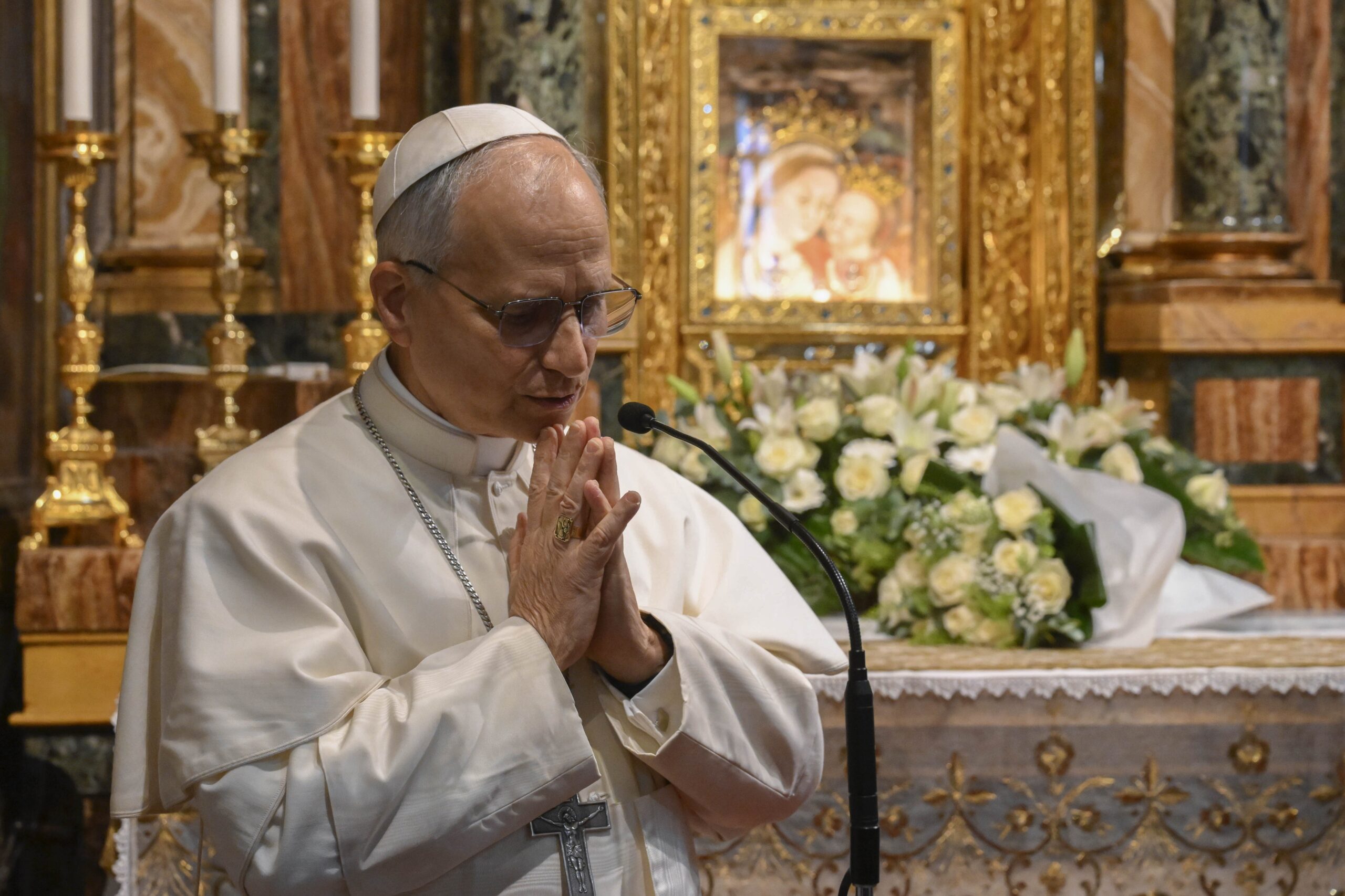 Pope Leo XIV leads prayers at the Shrine of Our Lady of Good Counsel in Genazzano, Italy, southeast of Rome, May 10, 2025. The shrine, with a famous image of Mary, is run by the pope's Augustinian confreres. (CNS photo/Vatican Media)