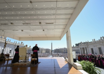 Pope Leo XIV greets visitors and pilgrims from the popemobile while riding around St. Peter’s Square at the Vatican before his weekly general audience May 27, 2026. (CNS photo/Courtesy of Vatican Media)