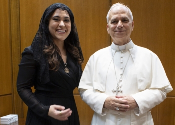Pope Leo XIV poses with Montse Alvarado, president and chief operating officer of EWTN News, during a private meeting at the Vatican Sept. 5, 2026. Pope Leo appointed Alvarado as Prefect of the Vatican's Dicastery for Communication on June 2, 2026. (OSV News photto/Vatican Media/Catholic Press Photo)
