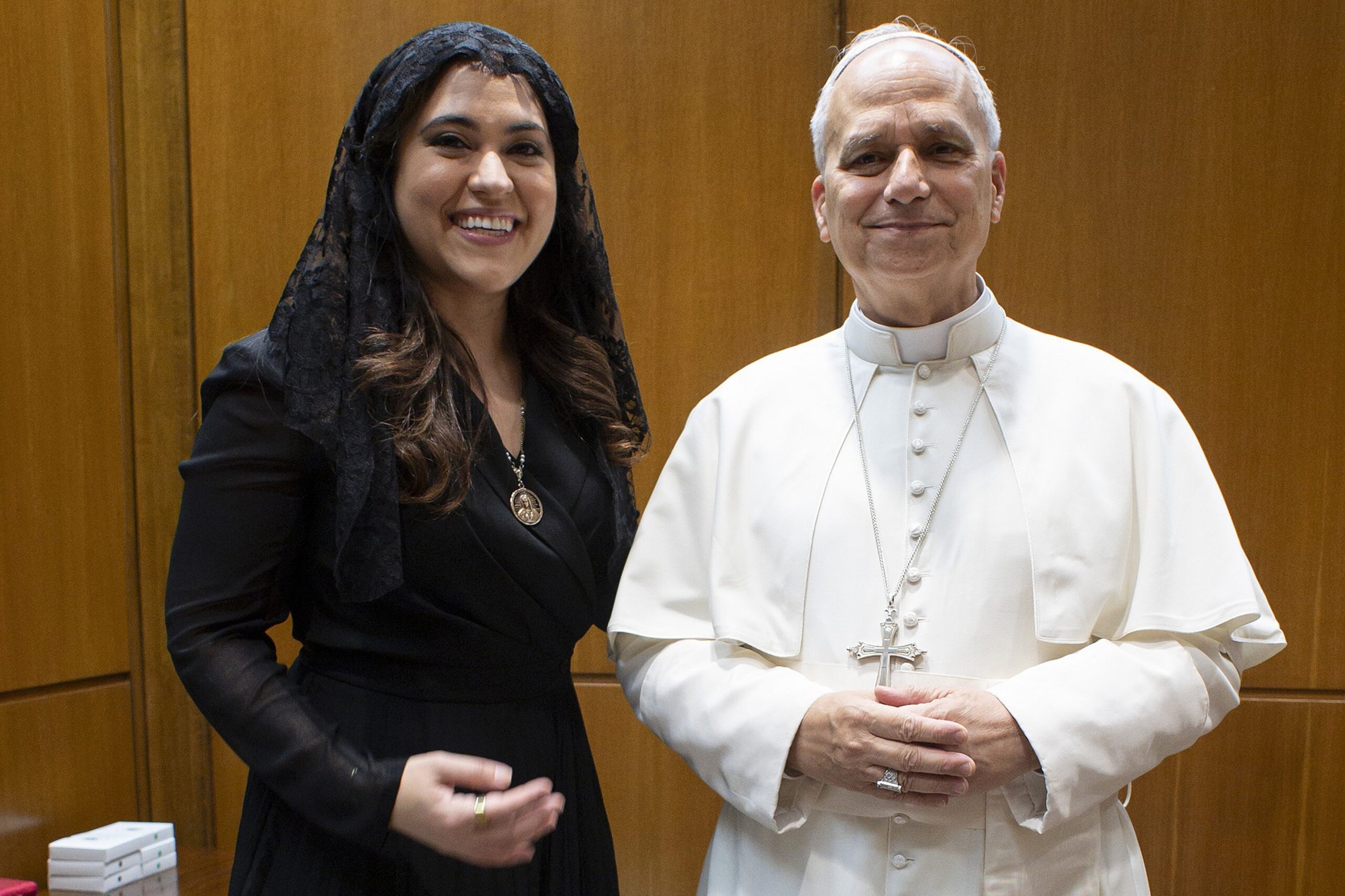 Pope Leo XIV poses with Montse Alvarado, president and chief operating officer of EWTN News, during a private meeting at the Vatican Sept. 5, 2026. Pope Leo appointed Alvarado as Prefect of the Vatican's Dicastery for Communication on June 2, 2026. (OSV News photto/Vatican Media/Catholic Press Photo)