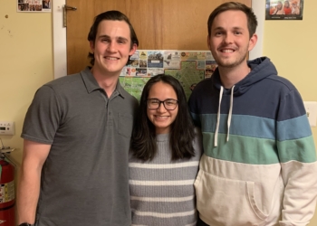 Photo by Peter G. Sánchez
Ben Hershey, Breana Boies and James Bardo, ECHO apprentices in the Diocese of Camden, pose for a photo in their Cherry Hill home.  The trio recently completed their first of two years in the University of Notre Dame’s Echo Graduate Service program, which finds them serving as catechetical leaders in the Diocese while completing coursework toward a master of arts in theology. 