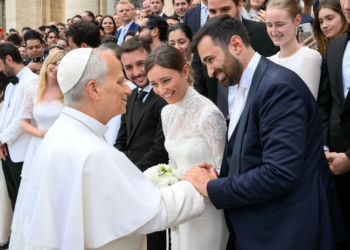 Pope Leo XIV greets newlyweds after his weekly general audience in St. Peter’s Square at the Vatican June 3, 2026. (CNS photo/Vatican Media)