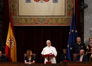 Pope Leo XIV speaks at the Spanish Parliament during his apostolic journey in Madrid, Spain, June 8, 2026. REUTERS/Yara Nardi/Pool