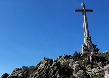 A large cross is pictured above a civil war cemetery and memorial in the Valley of the Fallen, now known as the Valley of Cuelgamuros, near Madrid Oct. 24, 2019. As Pope Leo XIV descends toward Madrid on June 6, 2026, one landmark likely to catch his eye is a towering cross rising above the cemetery at Paracuellos del Jarama, on the outskirts of the Spanish capital. (OSV News photo/Emilio Naranjo, pool via Reuters)